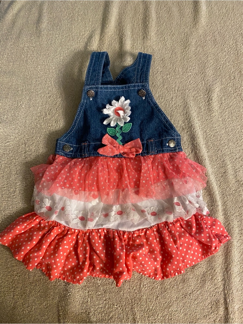 Denim and Coral Polka Dot Girls Overall Dress with Floral Applique